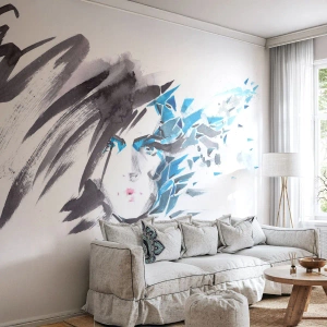 Papel de Parede Autocolante Deluxe Sticker - Retrato sensual em cinza e azul - Mulher, Rosto de mulher, Abstração - 150x105 cm