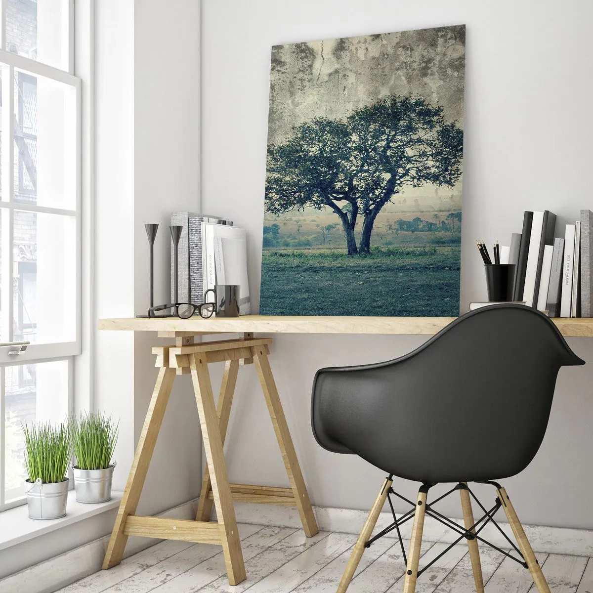 Quadro em vidro - Uma macieira num prado azul? - 50x70 cm