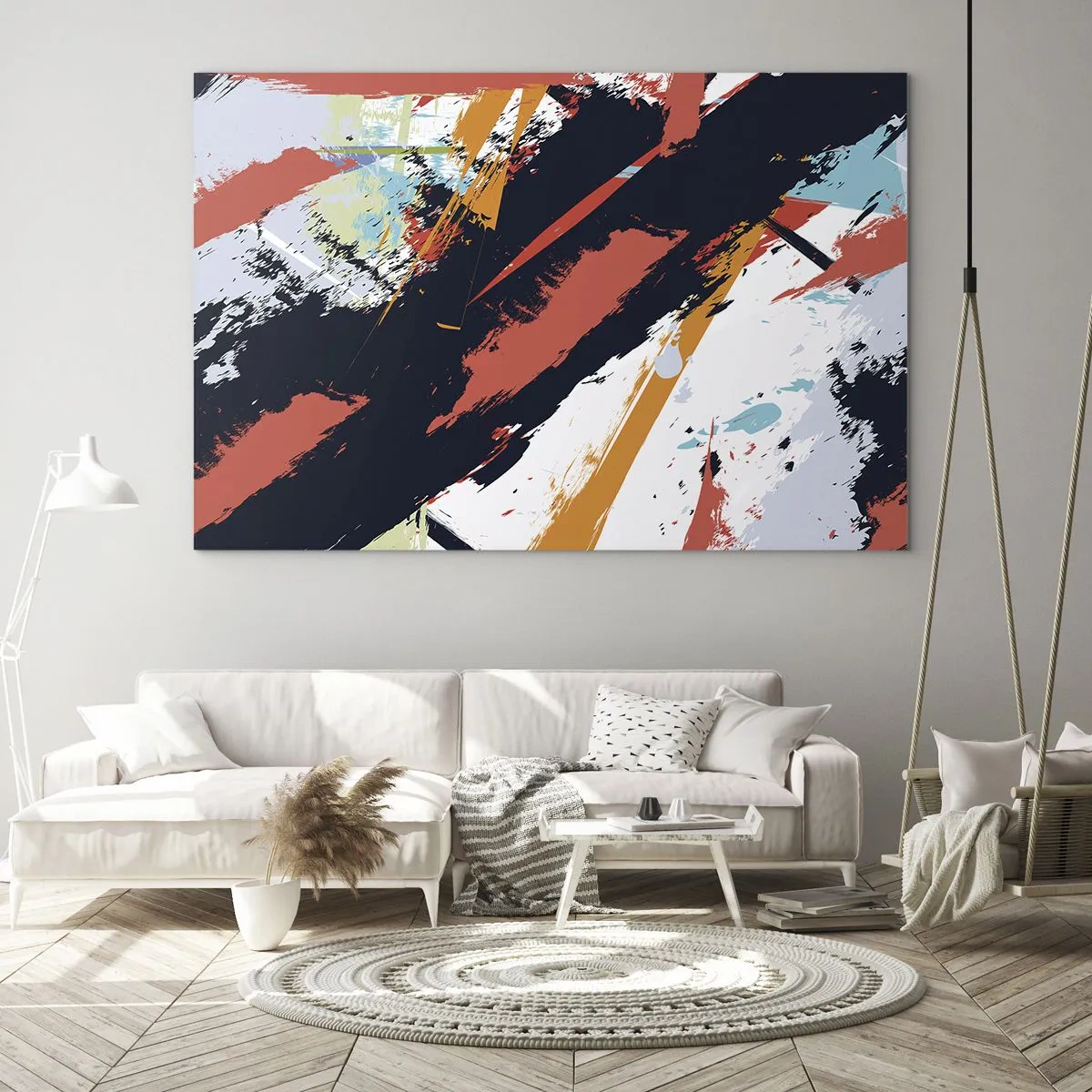 Quadro em vidro - Pinceladas abstratas em cores intensas - 70x50cm - Composição dinâmica - Decoração de parede moderna para a sala de estar e quarto ARTTOR