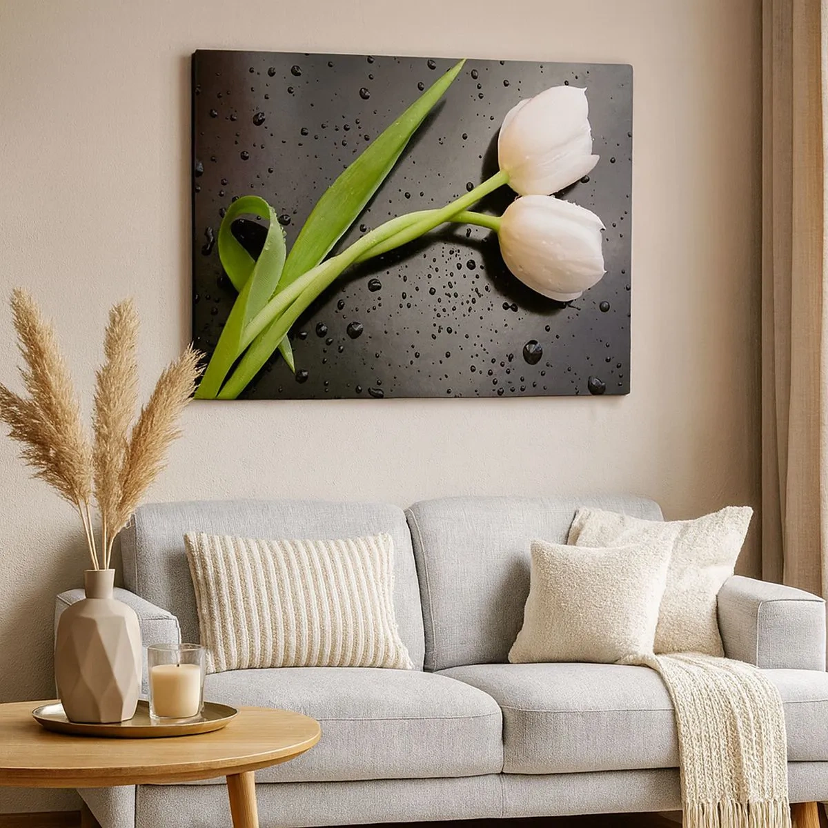 Quadro em tela - Tulipas brancas em um fundo preto com gotas de água - 70x50cm - Trançado de primavera - Decoração de parede moderna para a sala de estar e quarto ARTTOR