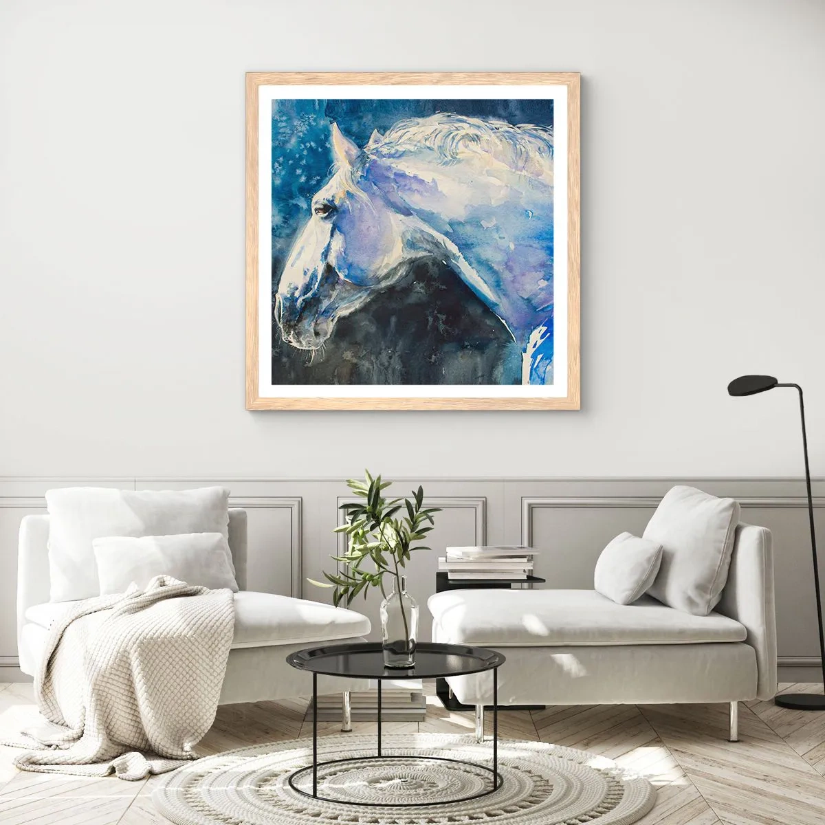 Pôster com moldura de carvalho claro - Retrato com um brilho azul - 60x60 cm