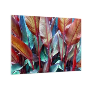Quadro em vidro - Um matagal colorido de folhas em tons de vermelho, verde e roxo - 70x50cm - Um matagal colorido - Decoração de parede moderna para a sala de estar e quarto ARTTOR