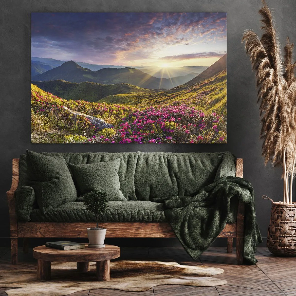 Quadro em tela - Paisagem montanhosa com rododendros em flor - 70x50cm - A frescura de uma manhã nas montanhas - Decoração de parede moderna para a sala de estar e quarto ARTTOR