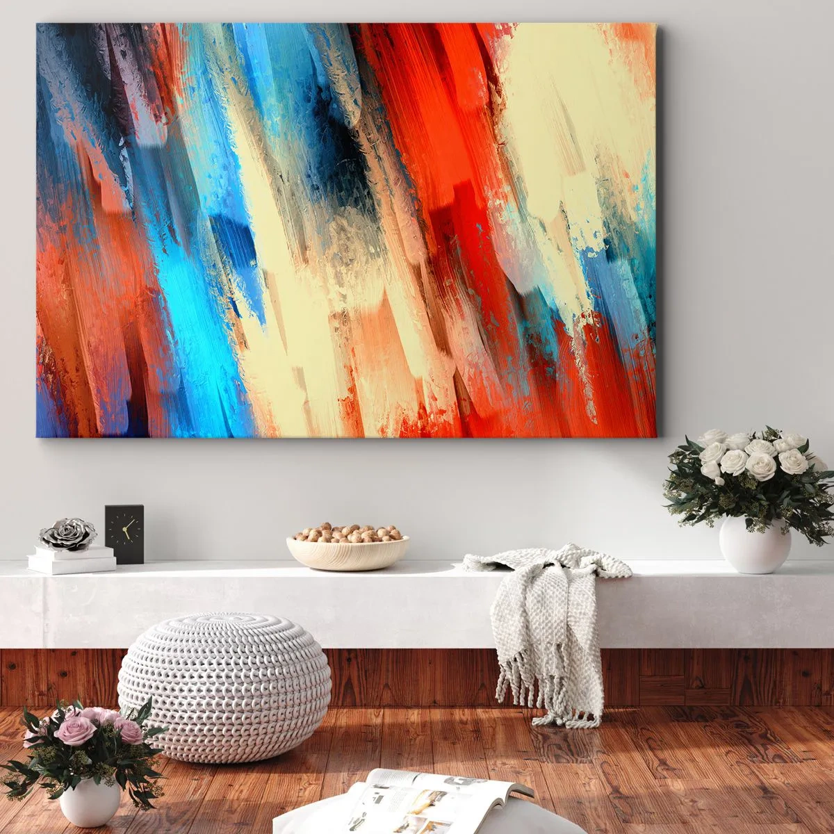 Quadro em tela - Pincelada abstrata em tons de azul e laranja - 70x50cm - Cascata de cores - Decoração de parede moderna para a sala de estar e quarto ARTTOR