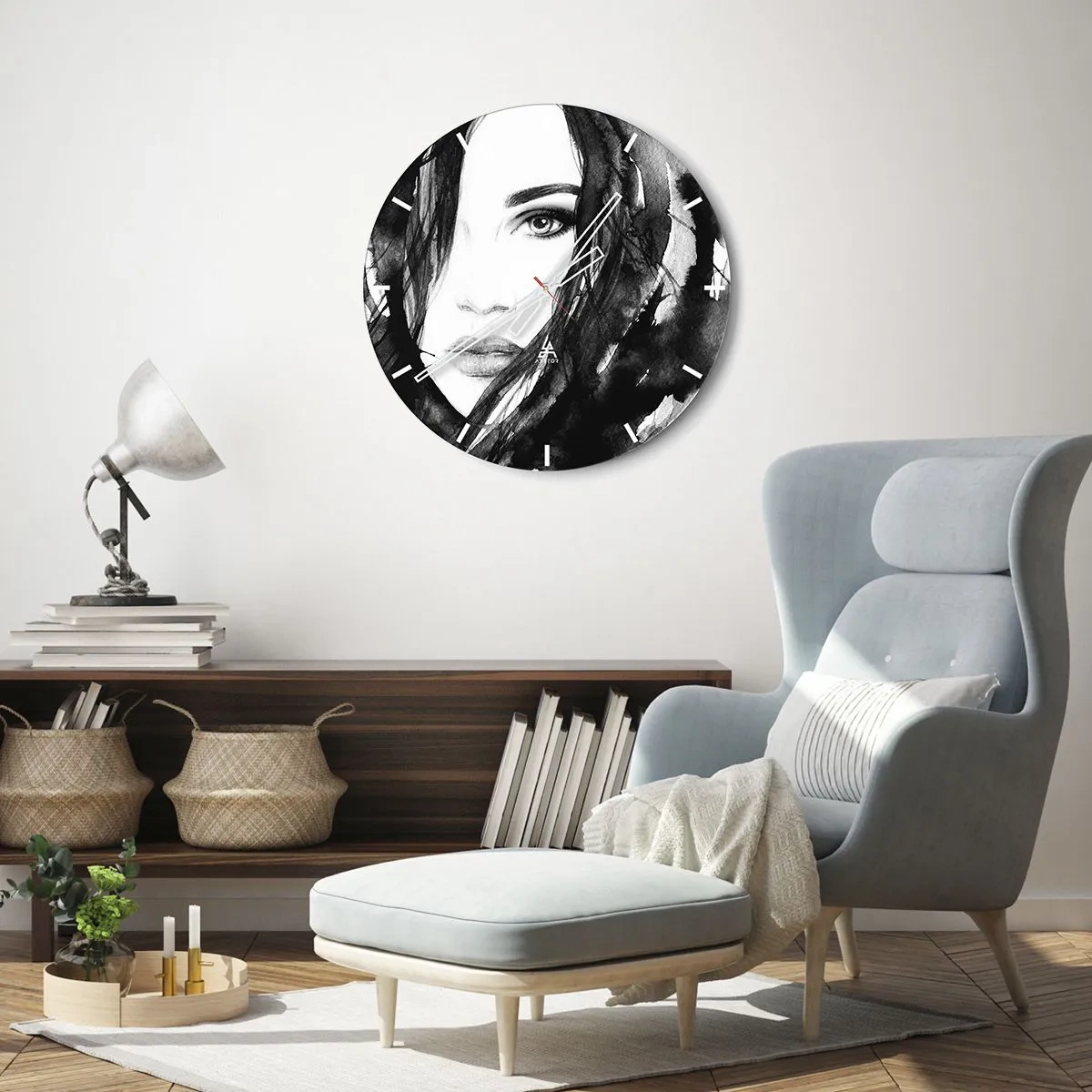 Relógio de parede - Relógio em vidro - Retrato de uma mulher em preto e branco com estilo aquarela - 30x30cm - Retrato de uma dama a preto e branco - Decoração de parede moderna para a sala de estar, cozinha e quarto ARTTOR