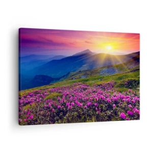 Quadro em tela - Um prado florido com vista para as montanhas durante o pôr do sol - 70x50cm - …Cheiro de pinheiros e ervas da montanha - Decoração de parede moderna para a sala de estar e quarto ARTTOR