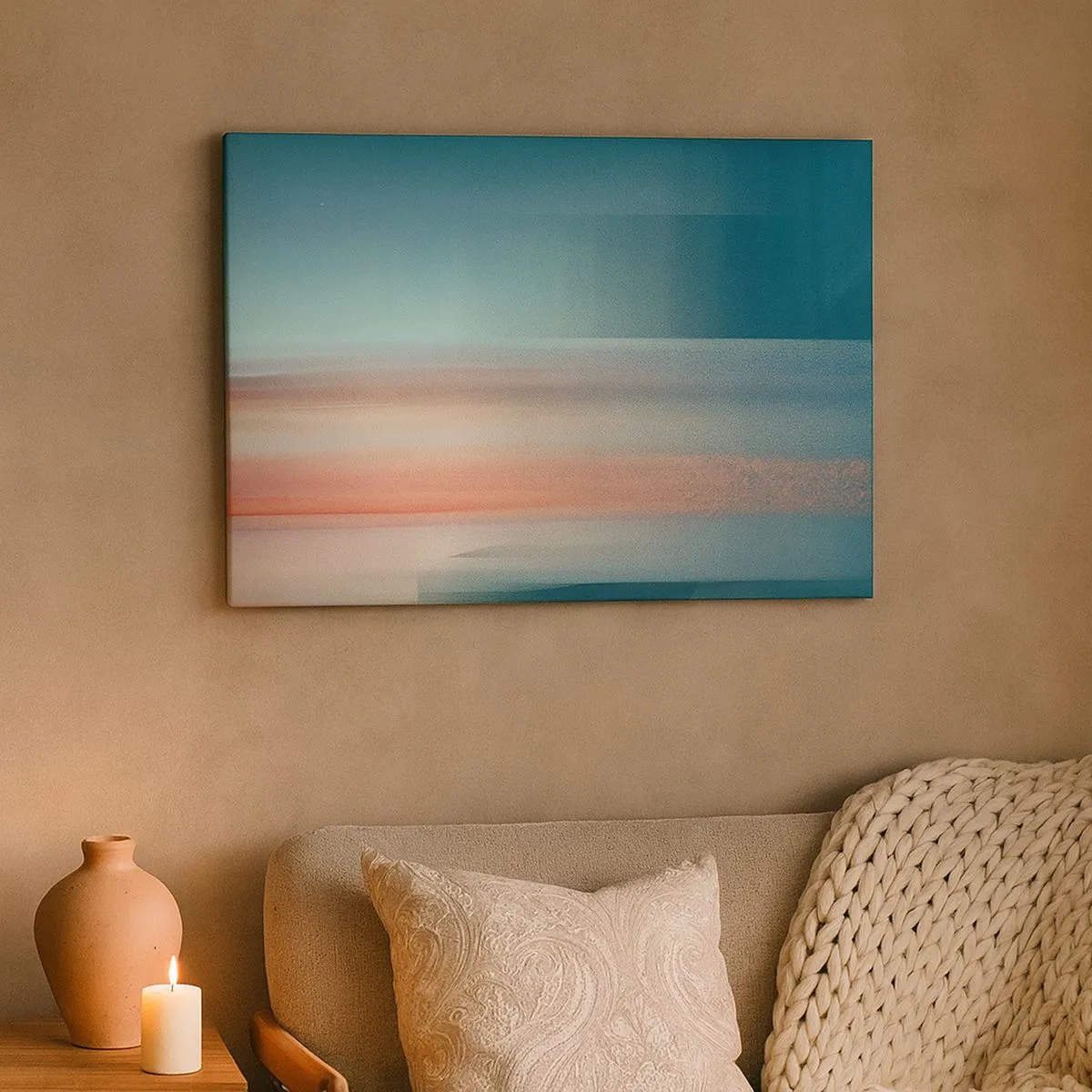 Quadro em tela - Um pôr do sol em tons pastéis sobre um horizonte calmo - 70x50cm - Resumo: ondas de luz - Decoração de parede moderna para a sala de estar e quarto ARTTOR