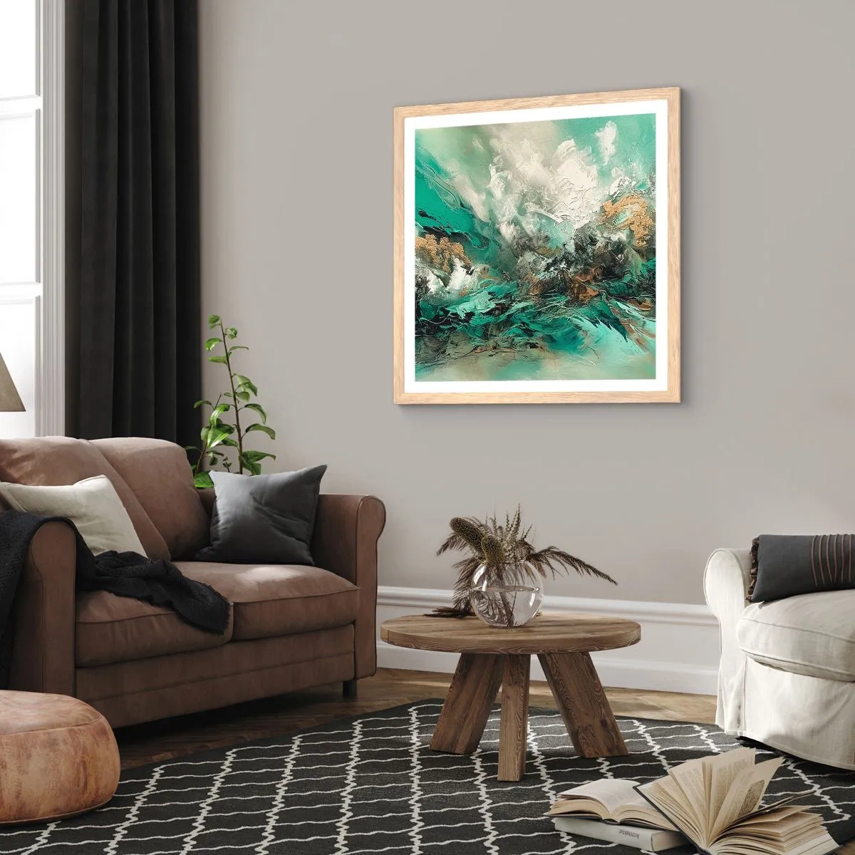 Pôster com moldura de carvalho claro - Surf esmeralda e preto - 60x60 cm