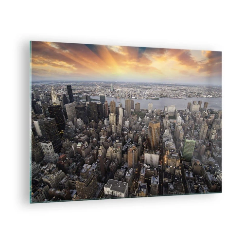 Quadro em vidro - Panorama da cidade com vista para arranha-céus ao pôr do sol - 70x50cm - O coração pulsante do nosso tempo - Decoração de parede moderna para a sala de estar e quarto ARTTOR