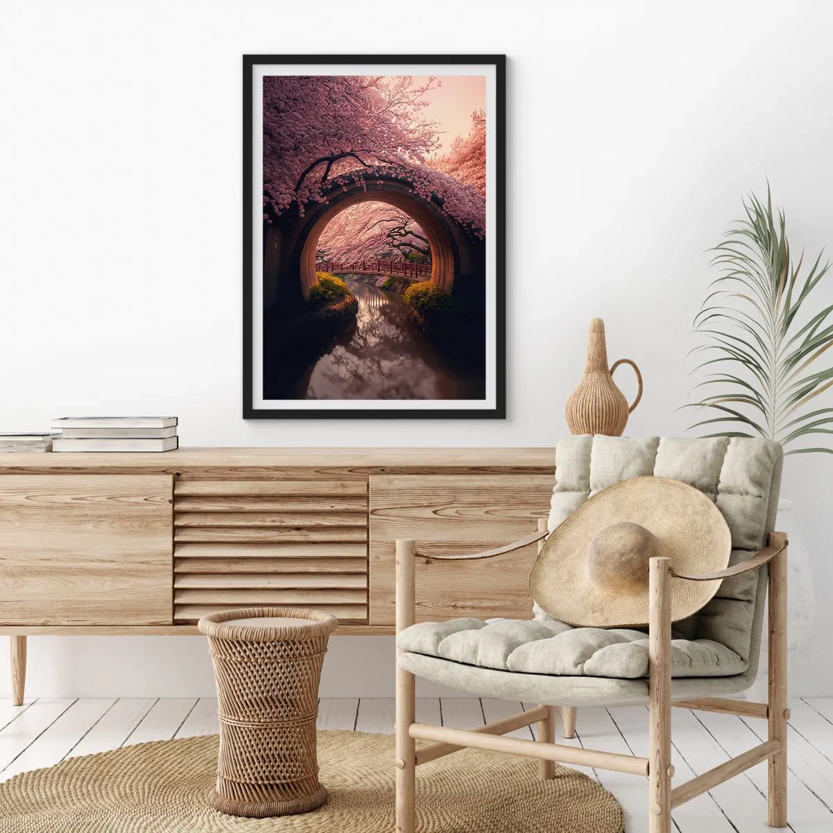 Pôster com moldura preta - Uma ponte romântica entre flores de cerejeira - 50x70cm - Primavera japonesa - Decoração de parede moderna para a sala de estar e quarto ARTTOR