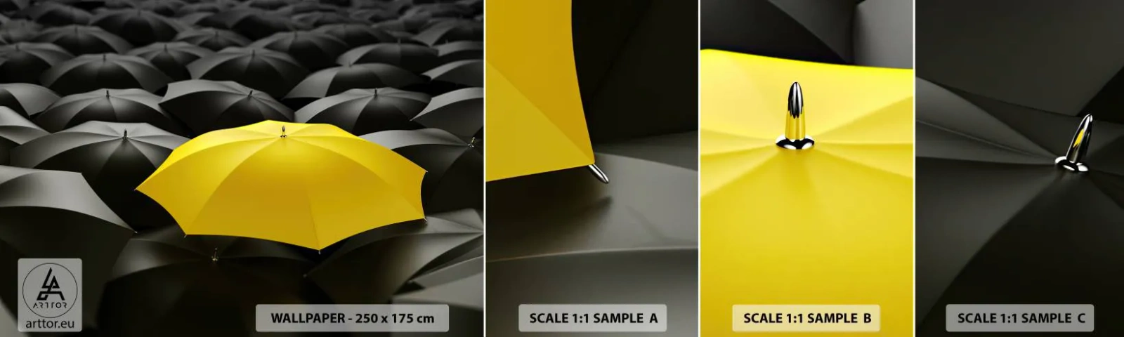 Amostra de Papel de Parede Standard Eco - Adeus à tristeza - Guarda-chuvas Amarelos, Gráficos, Conceito - 100x30 cm