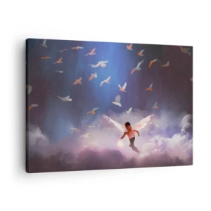 Quadro em tela - Uma figura com asas de anjo flutuando entre pássaros no céu - 70x50cm - É preciso ter imaginação e coragem - Decoração de parede moderna para a sala de estar e quarto ARTTOR