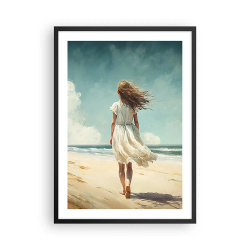 Pôster com moldura preta - Uma mulher de vestido branco caminhando na praia à beira-mar - 50x70cm - Para encontrar o sol e o vento - Decoração de parede moderna para a sala de estar e quarto ARTTOR