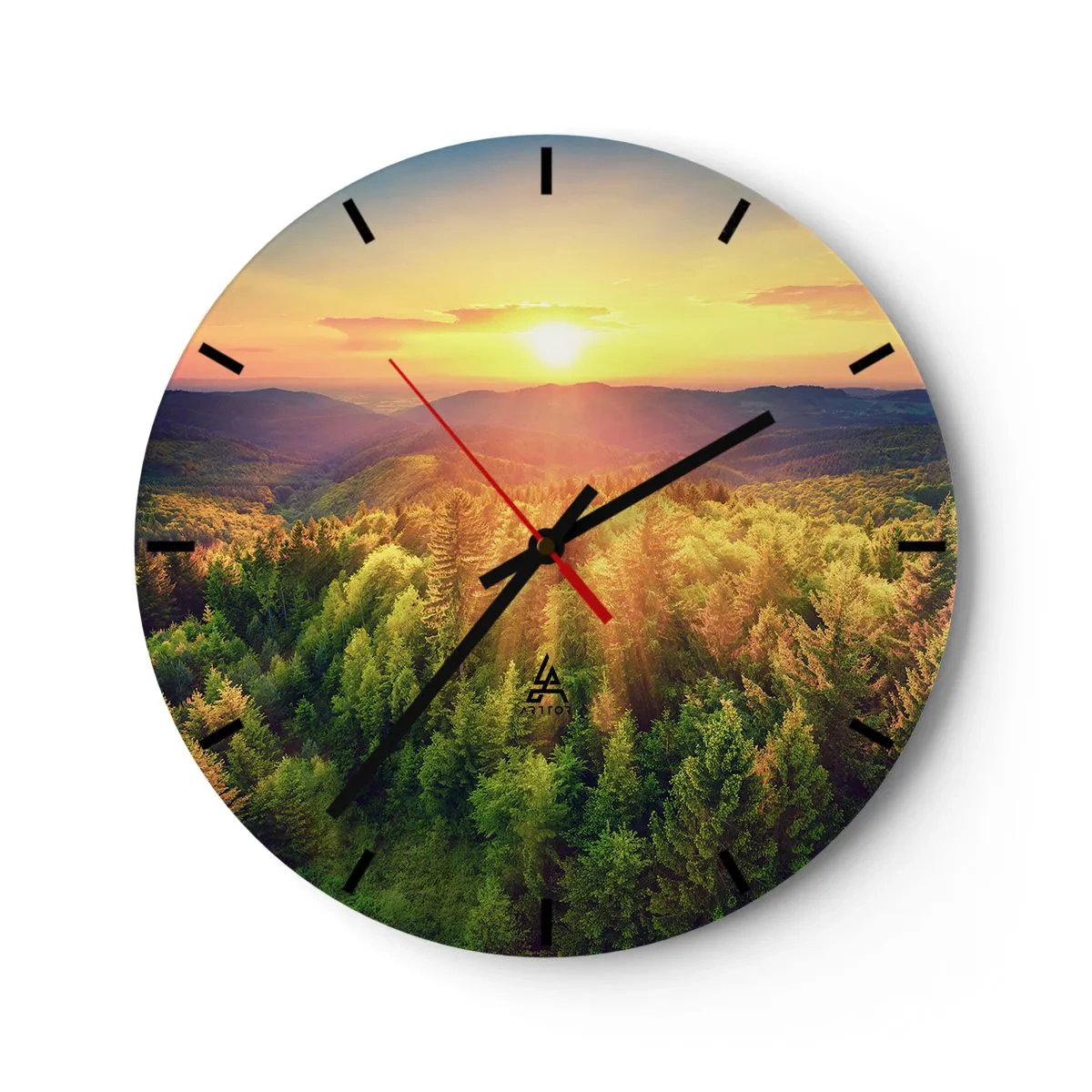 Relógio de parede - Relógio em vidro - Paisagem montanhosa com pôr do sol e florestas - 30x30cm - Picos e cumes - Decoração de parede moderna para a sala de estar, cozinha e quarto ARTTOR