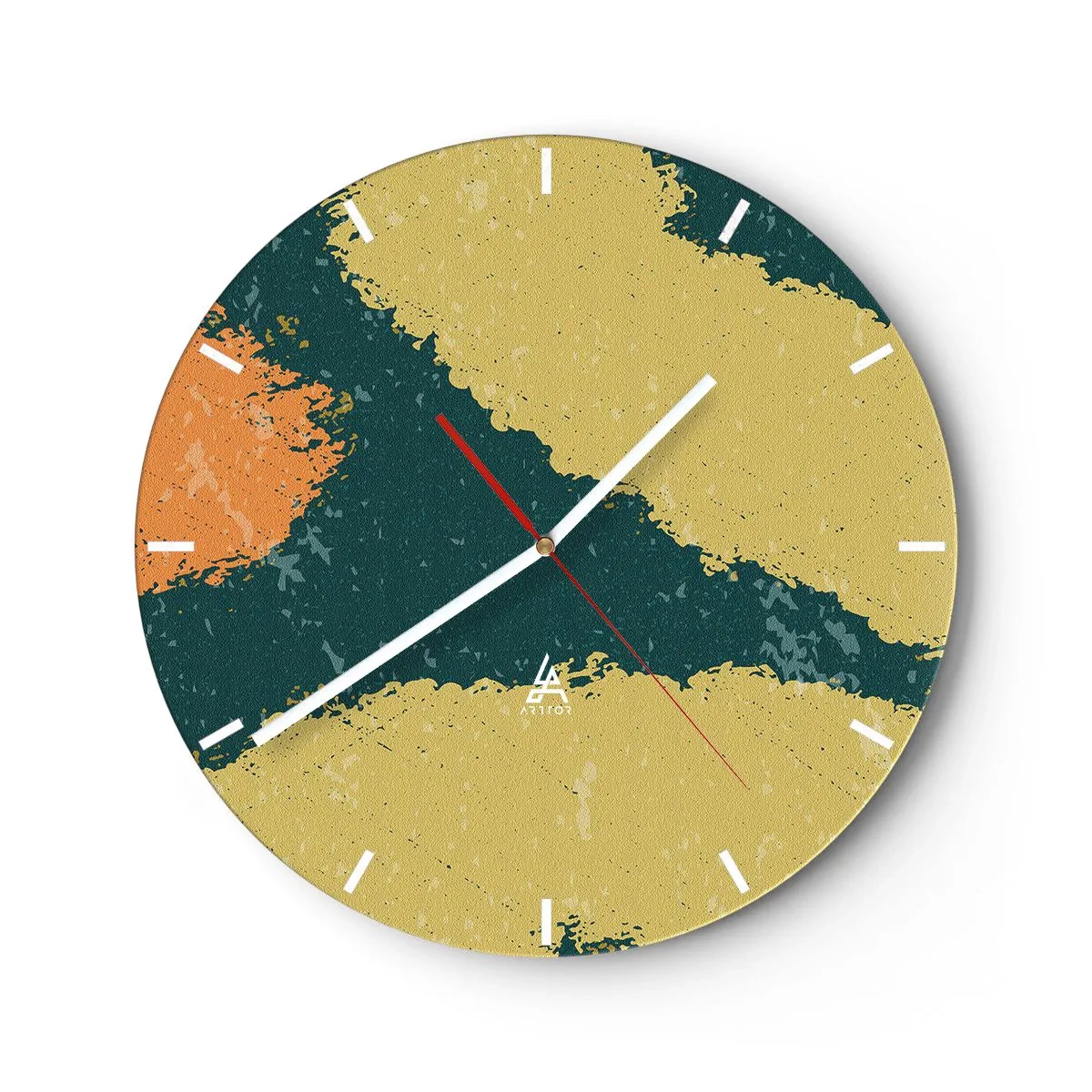 Relógio de parede - Relógio em vidro - Pontos artísticos em tons de verde, bege e laranja - 30x30cm - Abstração – movimento lento - Decoração de parede moderna para a sala de estar, cozinha e quarto ARTTOR