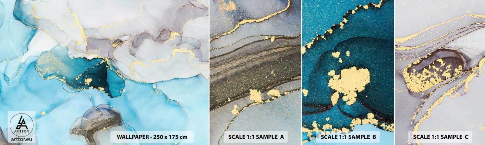 Amostra de papel de parede autocolante Deluxe Sticker - Estudo do encontro do cinza e turquesa - Abstração, Pedaço, Padrão Moderno - 100x30 cm