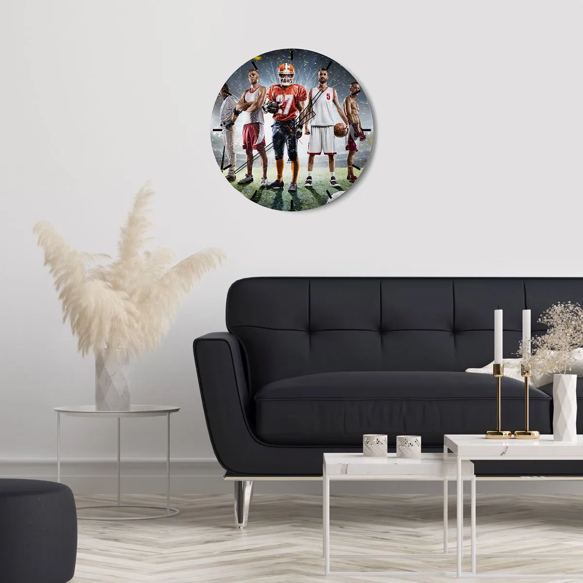 Relógio de parede - Relógio em vidro - Um grupo de atletas tendo como pano de fundo um estádio iluminado por holofotes - 30x30cm - Gladiadores dos campos - Decoração de parede moderna para a sala de estar, cozinha e quarto ARTTOR