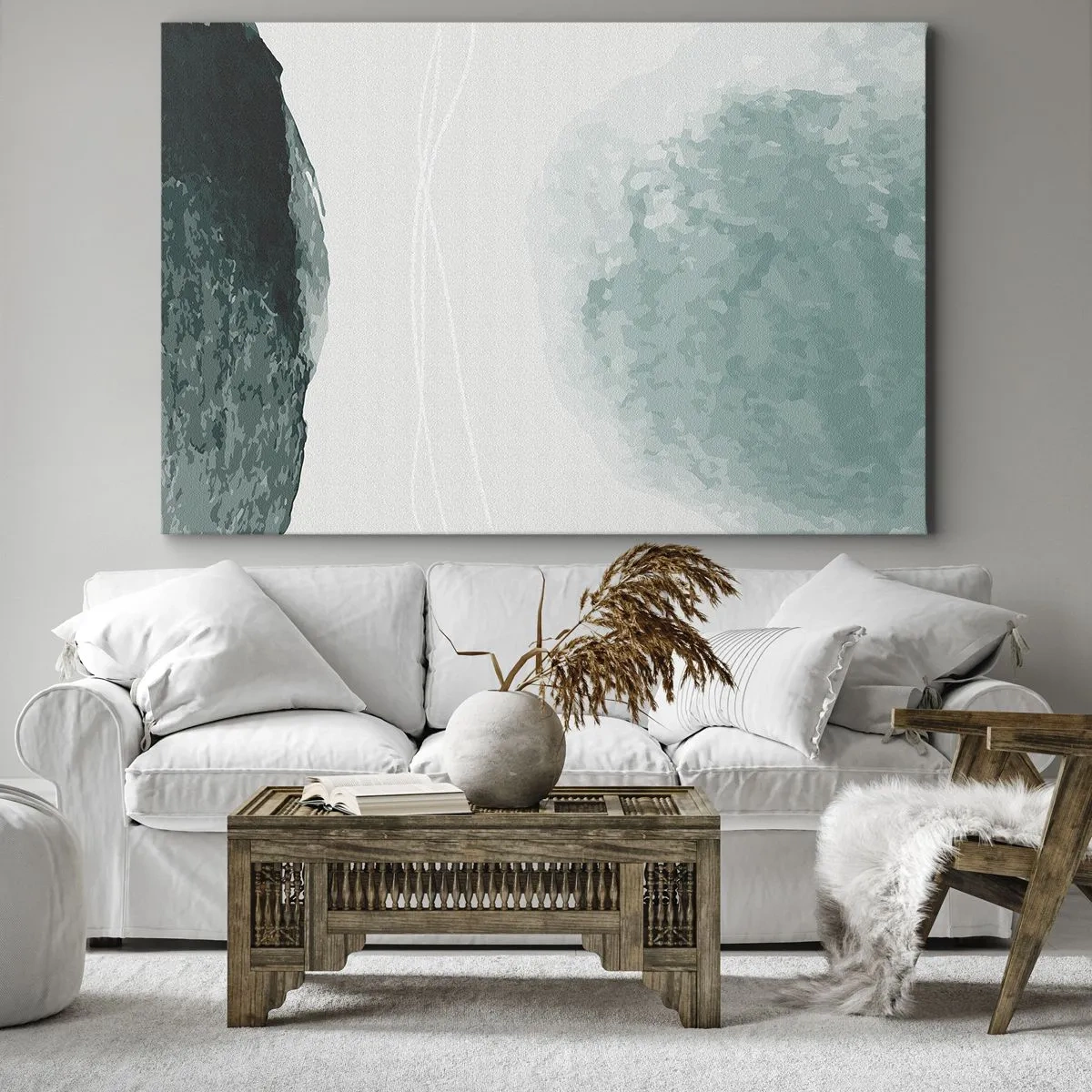 Quadro em tela - Uma delicada composição abstrata em tons de verde com formas sutis sobre um fundo claro. - 70x50cm - Encontro com a neblina - Decoração de parede moderna para a sala de estar e quarto ARTTOR