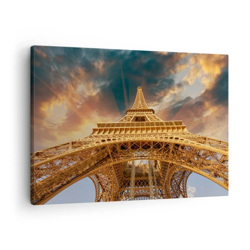 Quadro em tela - A Torre Eiffel vista de baixo contra o pôr do sol como pano de fundo - 70x50cm - Como a humanidade chegou ao céu - Decoração de parede moderna para a sala de estar e quarto ARTTOR