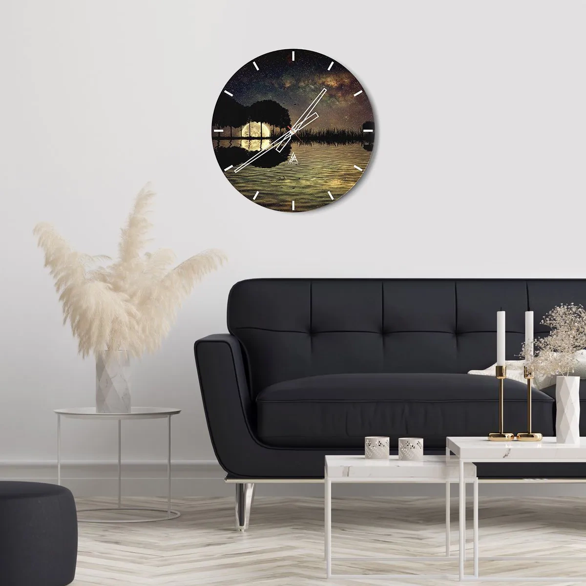 Relógio de parede - Relógio em vidro - Paisagem com lago, árvores e céu estrelado à noite - 30x30cm - Uma noite no Fim do Mundo - Decoração de parede moderna para a sala de estar, cozinha e quarto ARTTOR