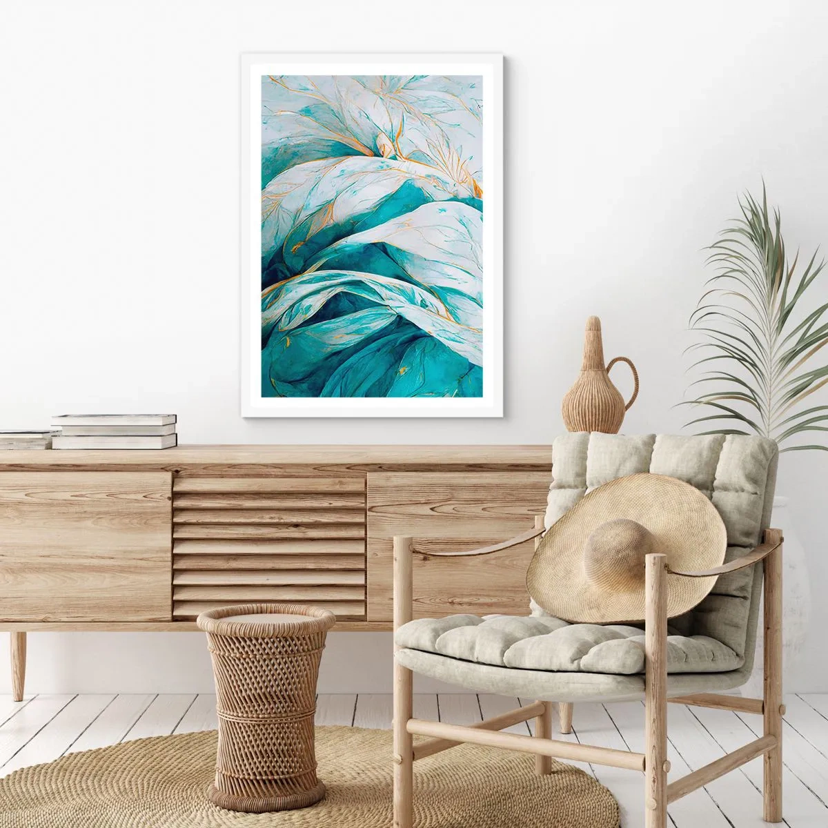 Pôster em moldura branca - Abstração azul com lema dourado - 70x100 cm