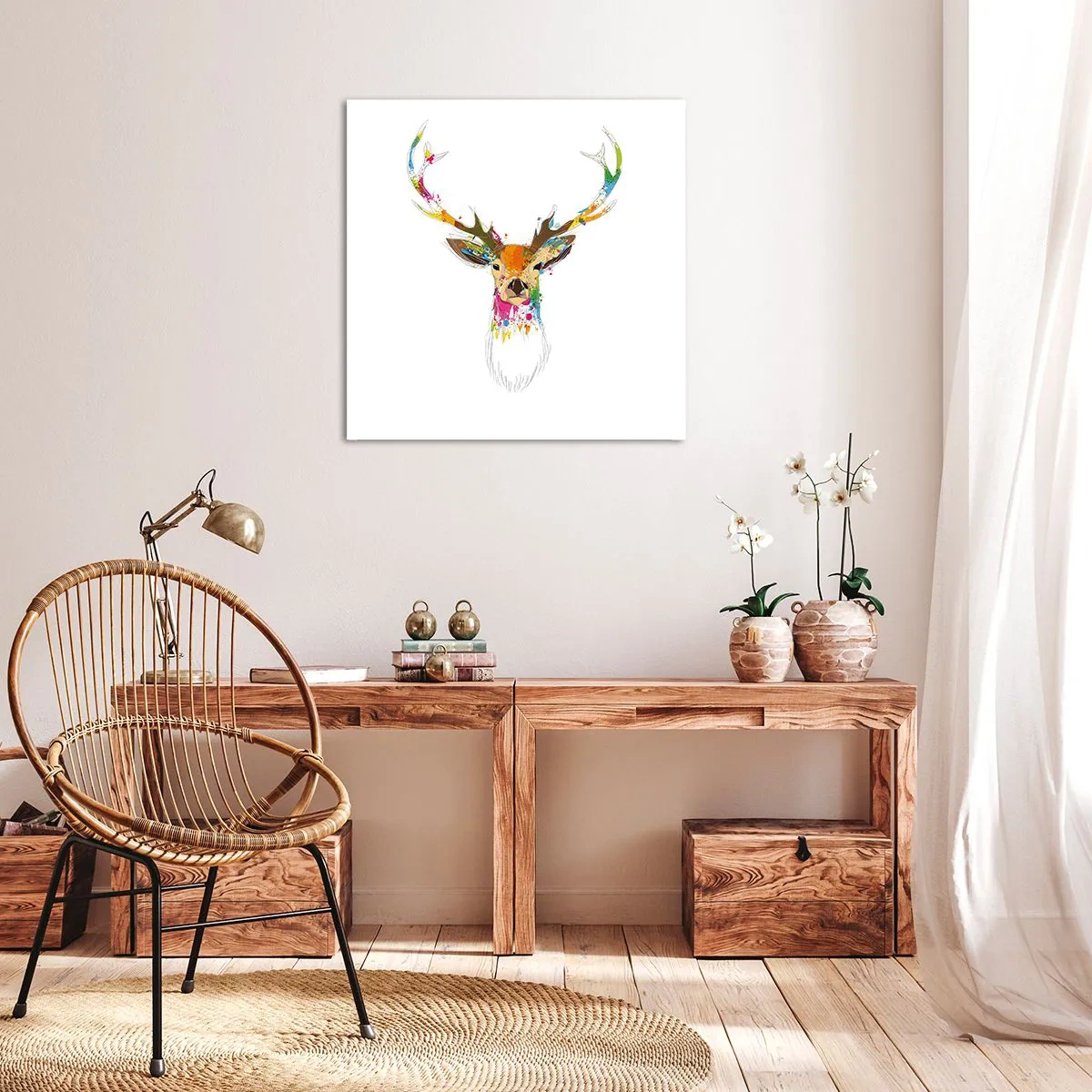 Quadro em tela - Um cervo gentil banhado em cores - 30x30 cm