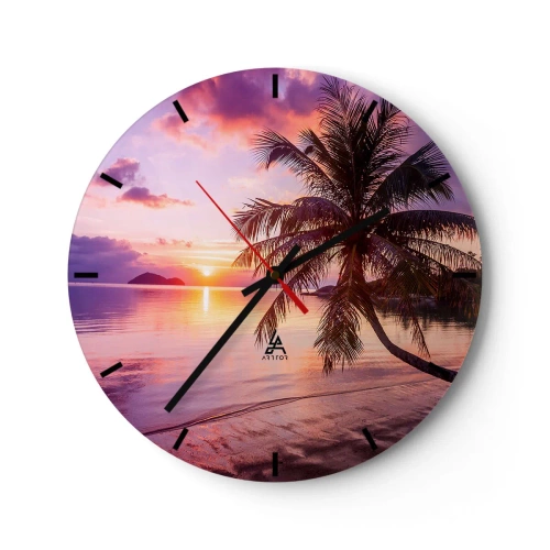 Relógio de parede - Relógio em vidro - Palmeira na praia ao pôr do sol - 30x30cm - Felicidade no horizonte - Decoração de parede moderna para a sala de estar, cozinha e quarto ARTTOR