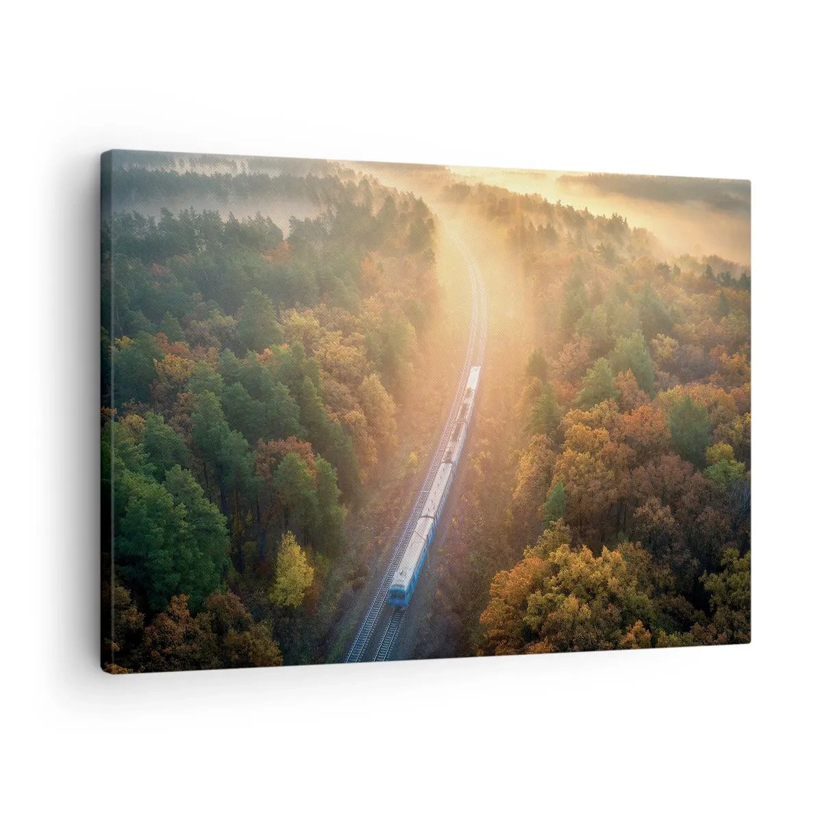 Quadro em tela - Um trem em uma floresta de outono ao amanhecer - 70x50cm - Uma viagem de outono - Decoração de parede moderna para a sala de estar e quarto ARTTOR