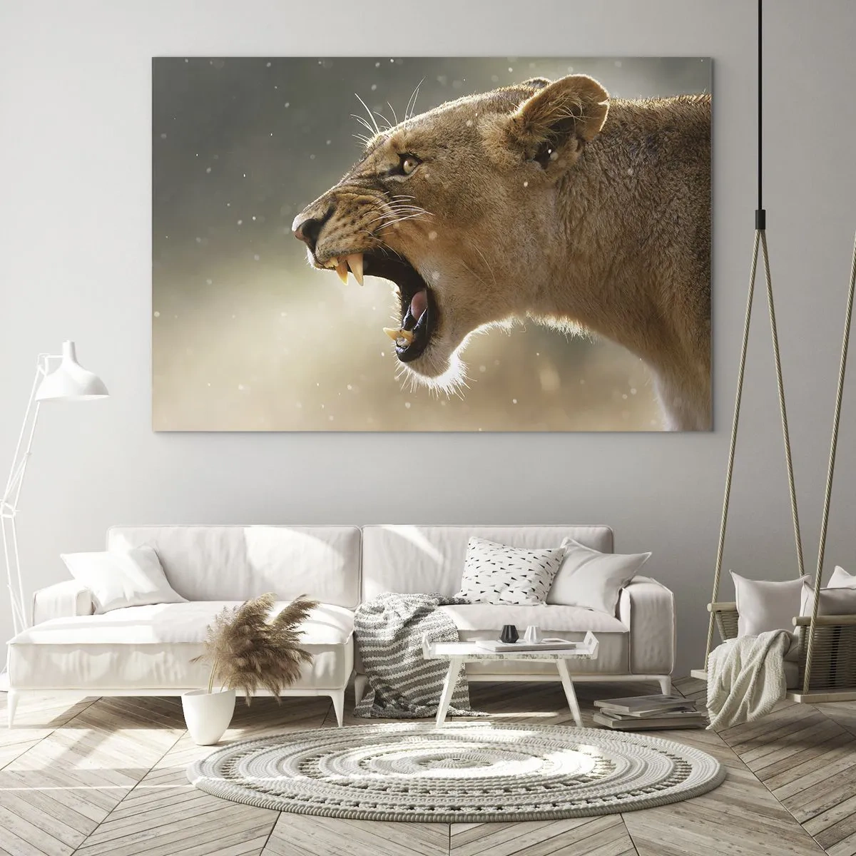 Quadro em vidro - Um close de um leão rugindo sob os raios do sol - 70x50cm - Tente não ouvir - Decoração de parede moderna para a sala de estar e quarto ARTTOR