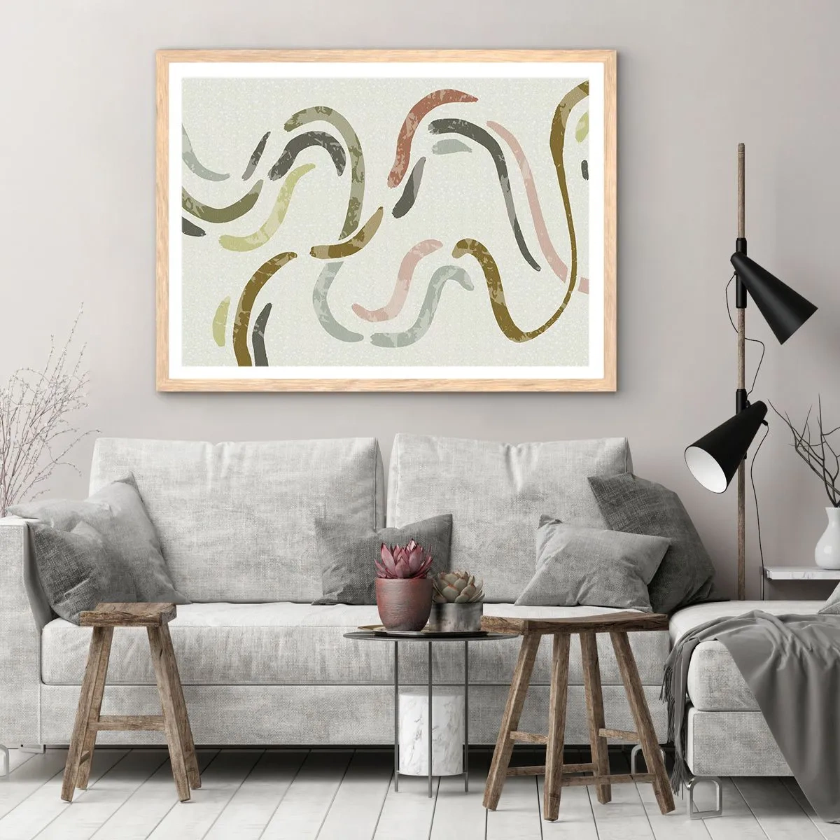 Pôster com moldura de carvalho claro - Uma alegre dança de abstração - 91x61 cm