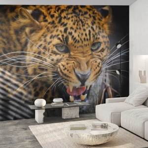 Papel de Parede Standard Eco - Um leopardo ameaçador com presas à mostra - 100x70cm - Não se aproxime, estou a avisar! - Decoração de parede moderna para a sala de estar e quarto ARTTOR