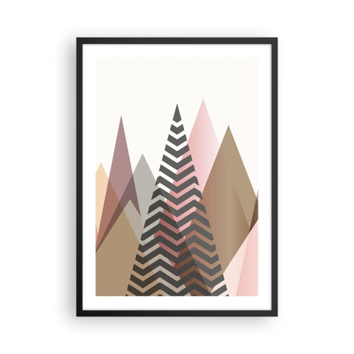 Pôster com moldura preta - Montanhas geométricas em tons pastéis com efeito de camadas - 50x70cm - Vista piramidal - Decoração de parede moderna para a sala de estar e quarto ARTTOR