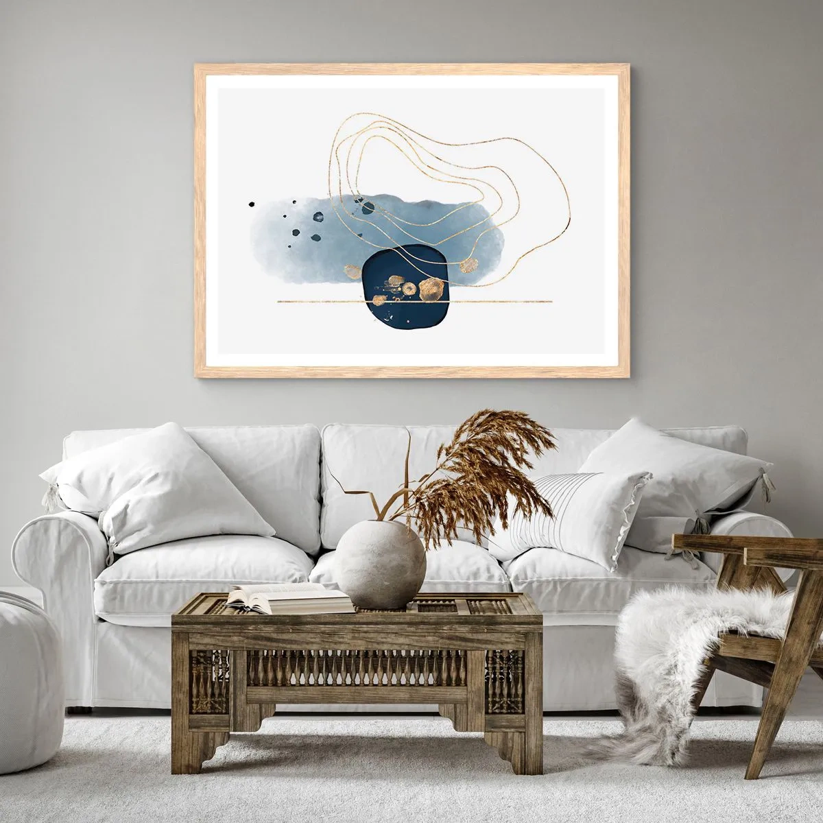 Pôster com moldura de carvalho claro - Fantasia azul e dourada - 40x30 cm