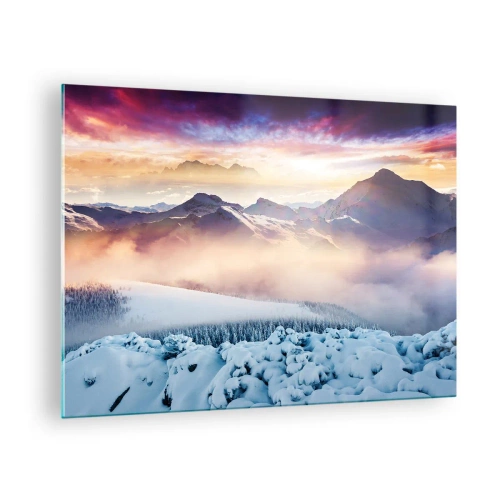 Quadro em vidro - Paisagem montanhosa de inverno com pôr do sol e neblina - 70x50cm - O poder e a pureza da natureza - Decoração de parede moderna para a sala de estar e quarto ARTTOR