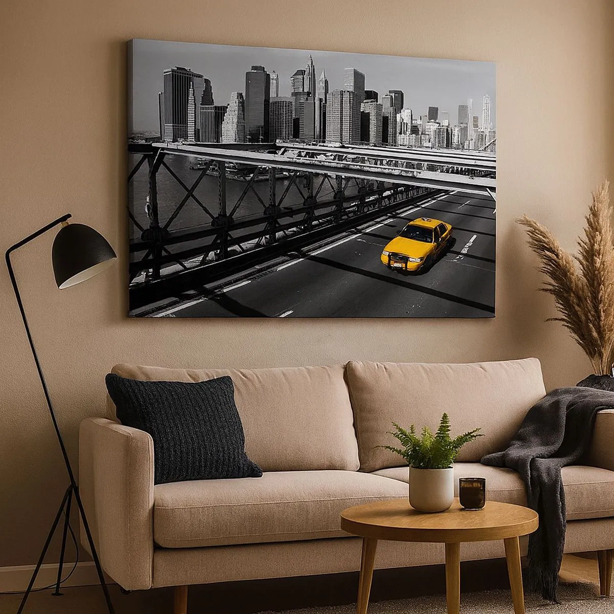 Quadro em tela - Táxi amarelo em uma ponte com vista para o horizonte de Nova York - 70x50cm - A cor da cidade grande - Decoração de parede moderna para a sala de estar e quarto ARTTOR