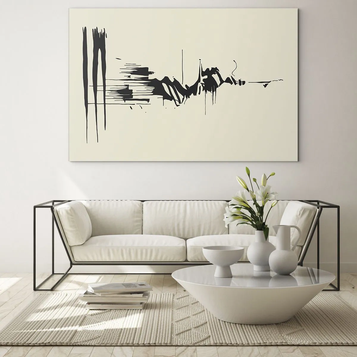 Quadro em vidro - Linhas e pontos pretos dinâmicos em um fundo claro em um estilo abstrato. - 70x50cm - Abstração apressada - Decoração de parede moderna para a sala de estar e quarto ARTTOR