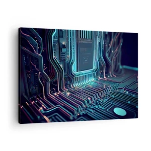 Quadro em tela - Placa de circuito impresso tecnológica com traços iluminados - 70x50cm - Só estou a pensar... - Decoração de parede moderna para a sala de estar e quarto ARTTOR