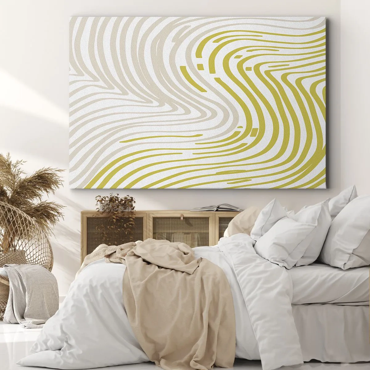 Quadro em tela - Um padrão abstrato com linhas onduladas em tons de amarelo e bege. - 70x50cm - Uma composição com uma curvatura suave - Decoração de parede moderna para a sala de estar e quarto ARTTOR