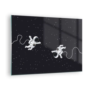 Quadro em vidro - Dois astronautas flutuando no espaço - 70x50cm - Emaranhado Cósmico - Decoração de parede moderna para a sala de estar e quarto ARTTOR