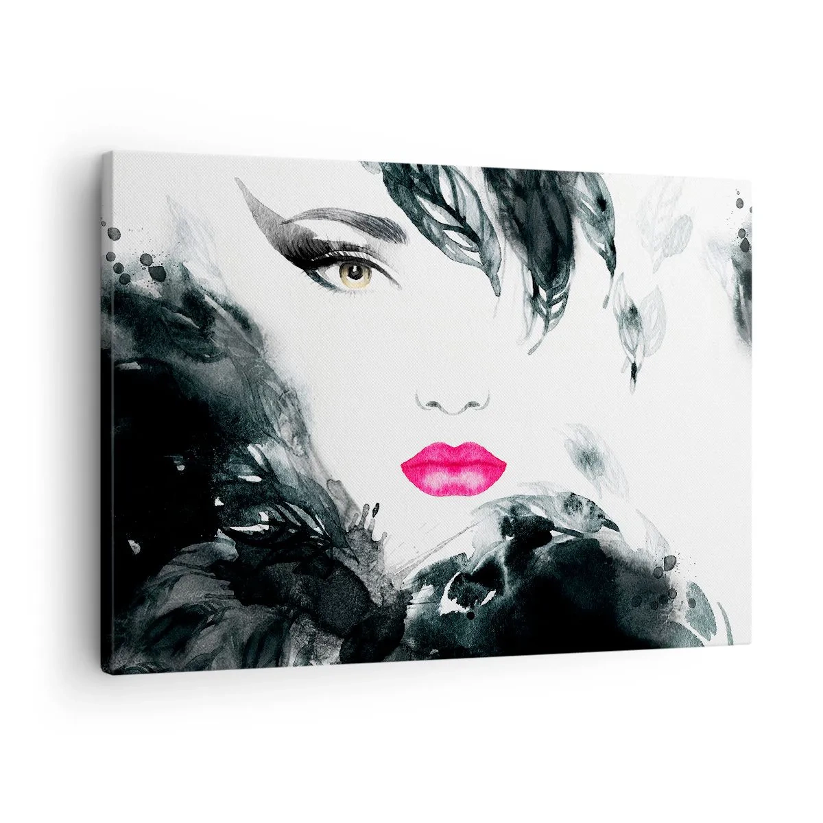 Quadro em tela - Retrato artístico de uma mulher com lábios intensamente rosados - 70x50cm - Atenção! Femme fatale - Decoração de parede moderna para a sala de estar e quarto ARTTOR