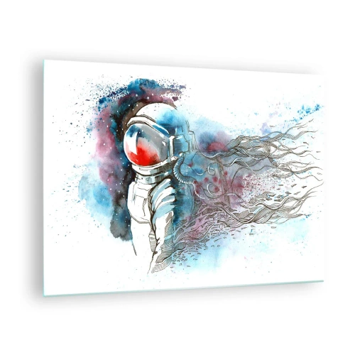 Quadro em vidro - Astronauta em um ambiente espacial dinâmico em aquarela - 70x50cm - Sozinho com o espaço - Decoração de parede moderna para a sala de estar e quarto ARTTOR