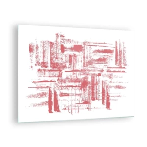 Quadro em vidro - Uma composição abstrata em vermelho que lembra o contorno da arquitetura urbana. - 70x50cm - Cidade Vermelha - Decoração de parede moderna para a sala de estar e quarto ARTTOR