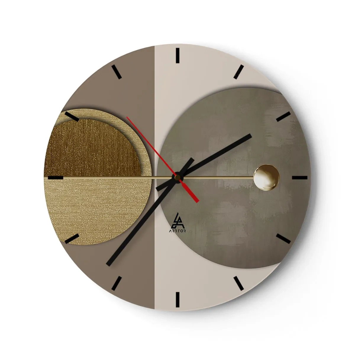 Relógio de parede - Relógio em vidro - Formas geométricas douradas e bege sobre um fundo contrastante - 30x30cm - Equilíbrio perfeito - Decoração de parede moderna para a sala de estar, cozinha e quarto ARTTOR