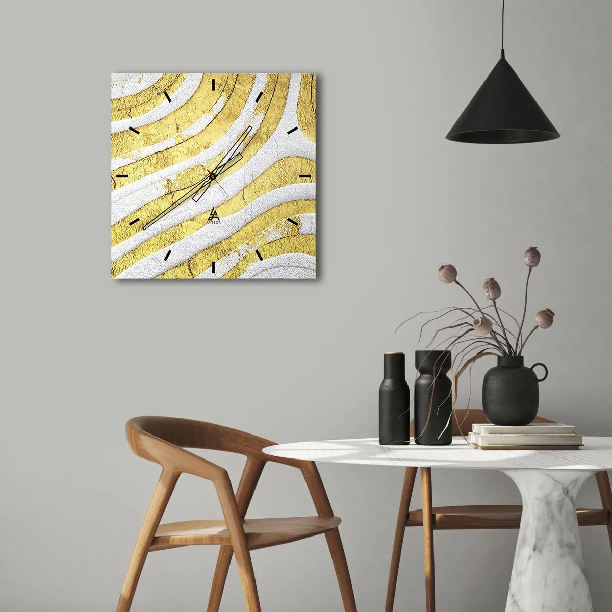 Relógio de parede - Relógio em vidro - Composição a branco e ouro - 30x30 cm