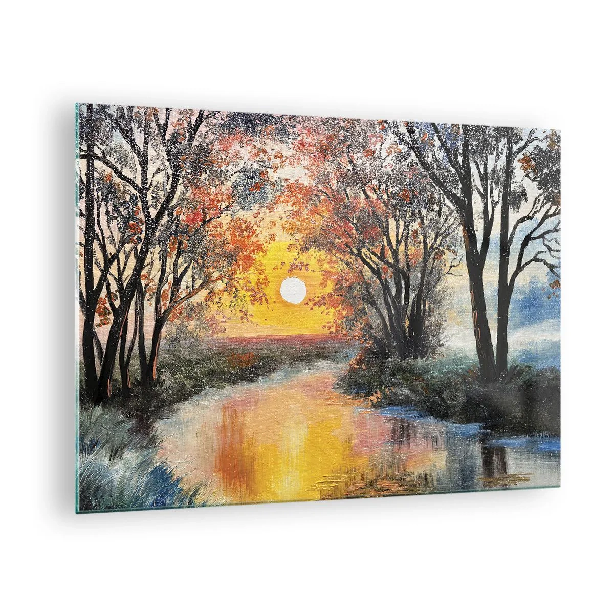 Quadro em vidro - Pôr do sol sobre o rio entre as árvores - 70x50cm - Vibrações de outono - Decoração de parede moderna para a sala de estar e quarto ARTTOR