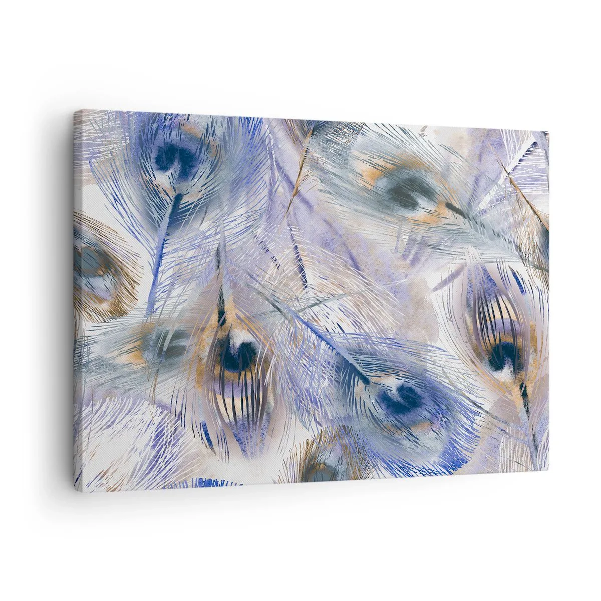 Quadro em tela - Um padrão com penas de pavão em tons de azul e dourado - 70x50cm - Composição do pavão - Decoração de parede moderna para a sala de estar e quarto ARTTOR