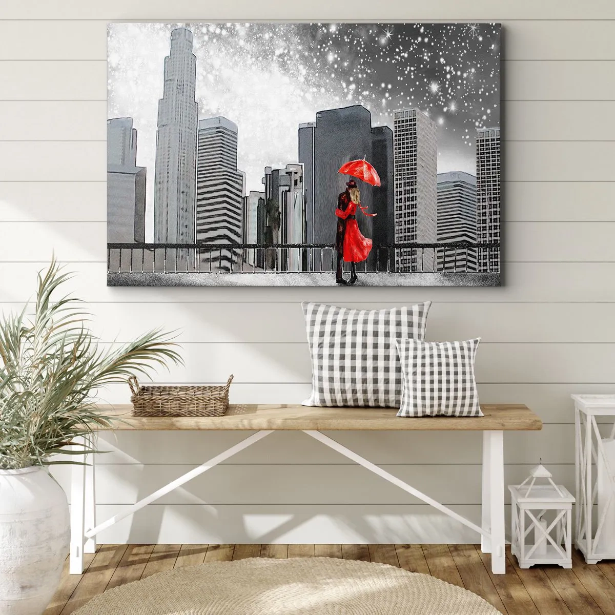 Quadro em tela - Um casal de vermelho com um guarda-chuva no contexto de uma paisagem urbana - 70x50cm - O homem não é pedra - Decoração de parede moderna para a sala de estar e quarto ARTTOR