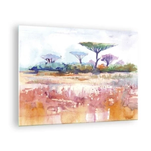 Quadro em vidro - Paisagem de savana em aquarela com árvores e vegetação - 70x50cm - Cores da savana - Decoração de parede moderna para a sala de estar e quarto ARTTOR