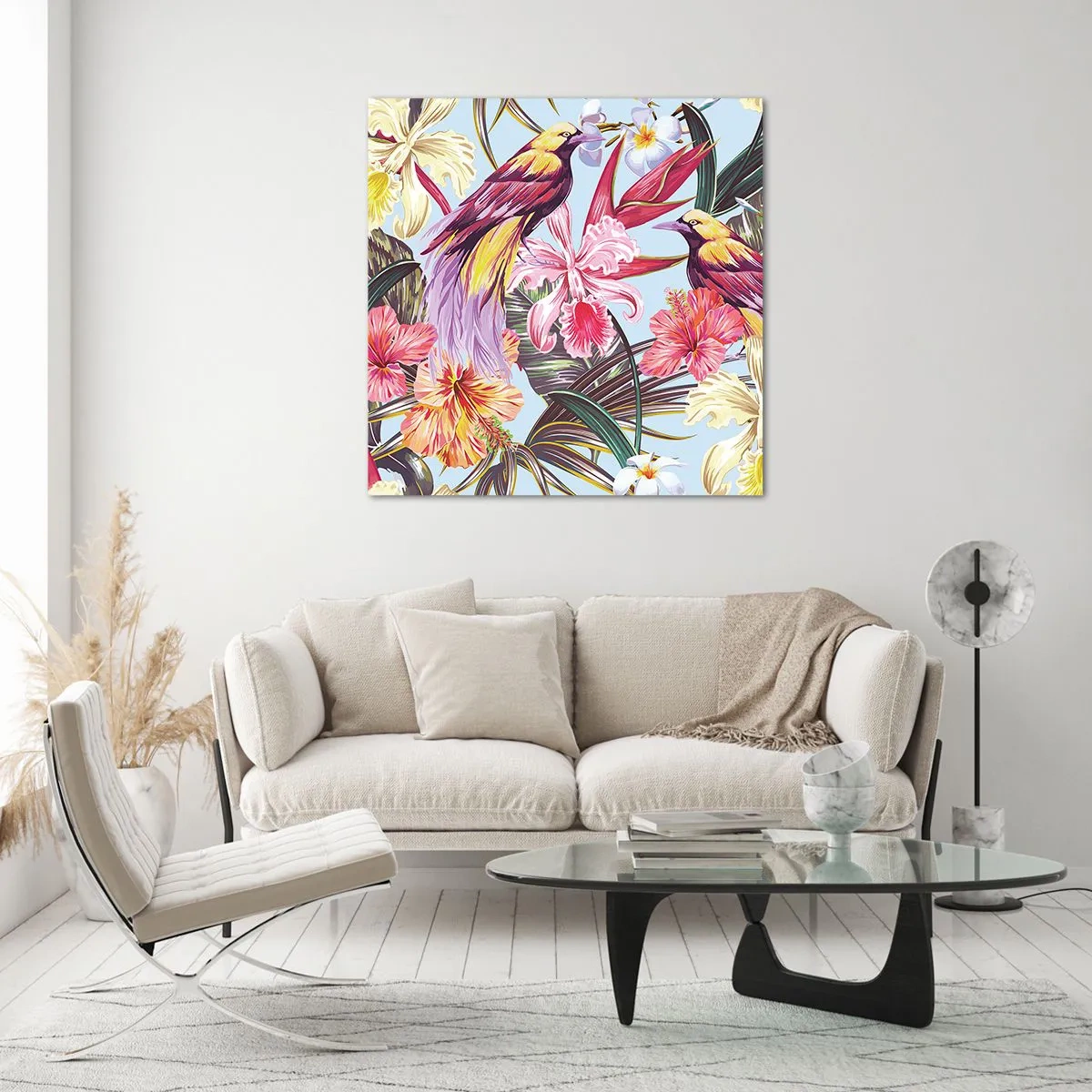 Quadro em vidro - Pétalas e penas - 40x40 cm