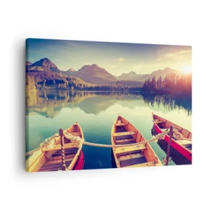 Quadro em tela - Barcos em um lago calmo cercado por montanhas ao pôr do sol - 70x50cm - Viver de acordo com as suas leis - Decoração de parede moderna para a sala de estar e quarto ARTTOR